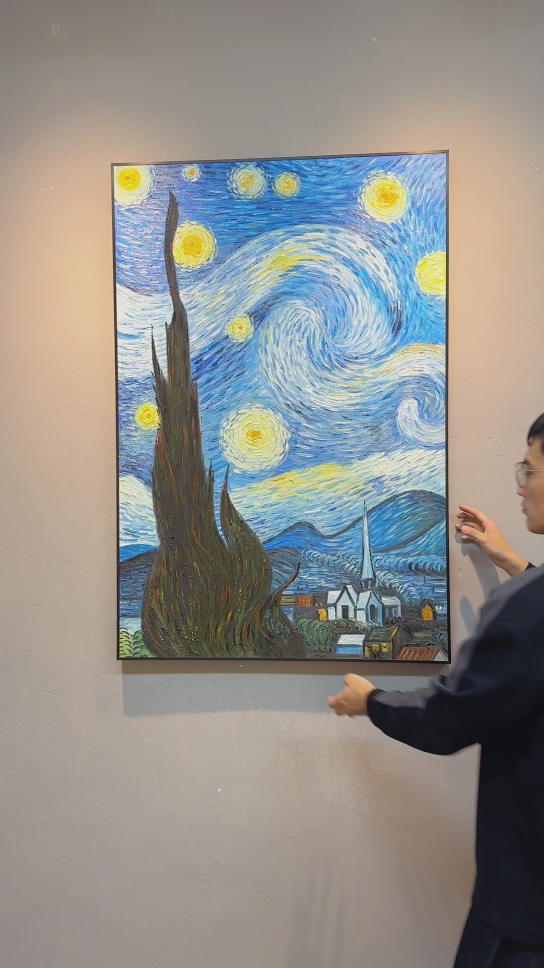 Studio video of the complete starry cypress painting, angled handling and closeups of stars and painted sky