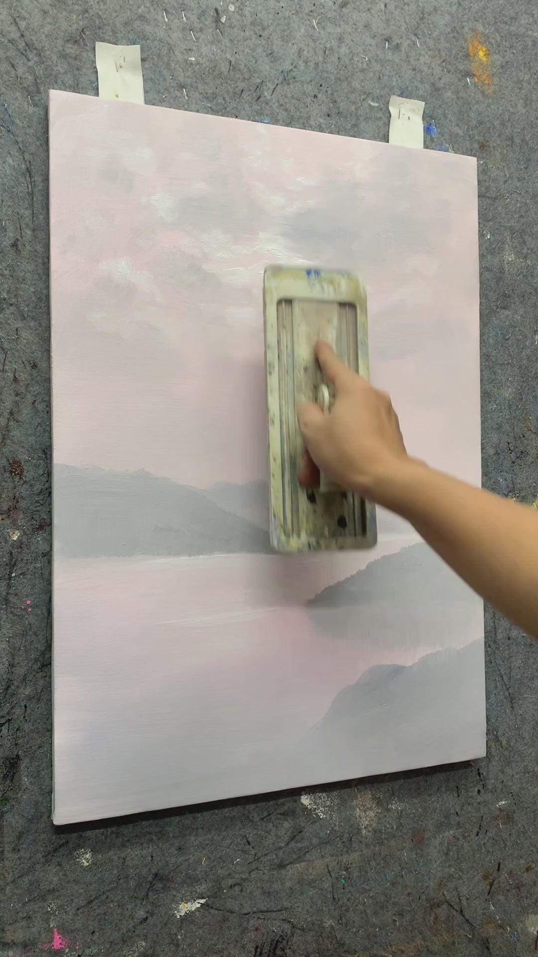 Painting the lake landscape, from soft light rays and hills to a boat and wildflowers, followed by the finished artwork