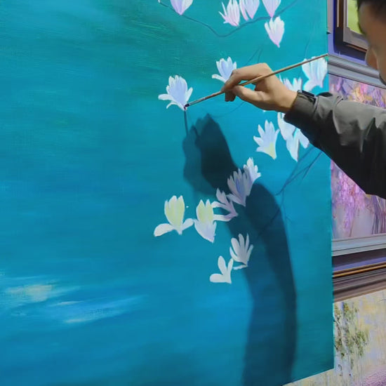 Brush painting of magnolia petals, pond reflections and lily pads, followed by koi details and the finished painting