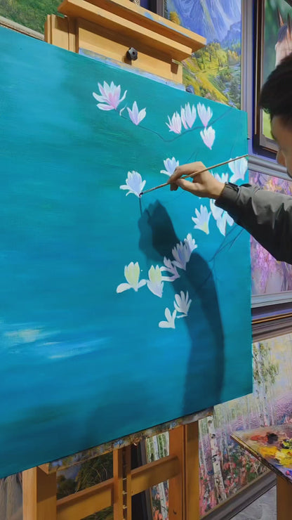 Brush painting of magnolia petals, pond reflections and lily pads, followed by koi details and the finished painting