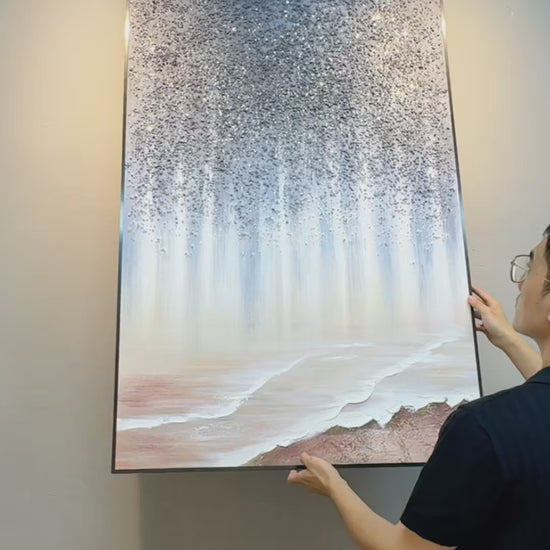 Stardust Shore being hung, followed by close views of its grey flecks and ivory ridges, ending with the complete painting