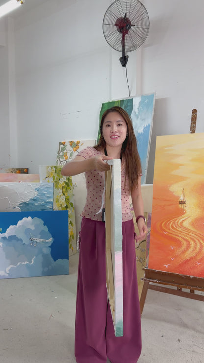 Studio reveal of a hand-painted pastel sunset, followed by a framed artwork view