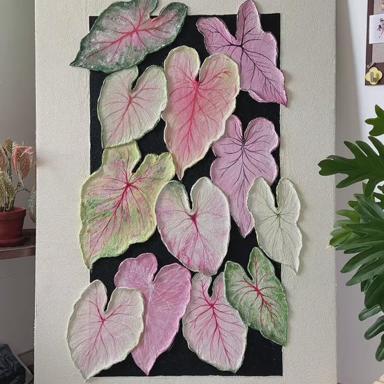 Real workshop footage of caladium leaf painting, showing relief application, colour blending, fine vein lines and the finished artwork