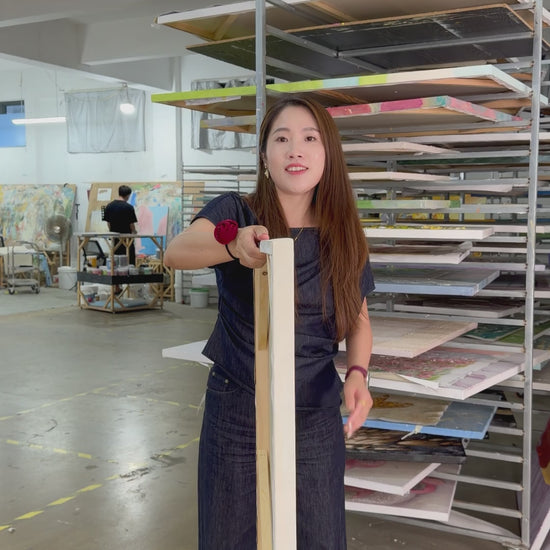 Workshop reveal of the square lotus and koi painting, followed by a framed wall display