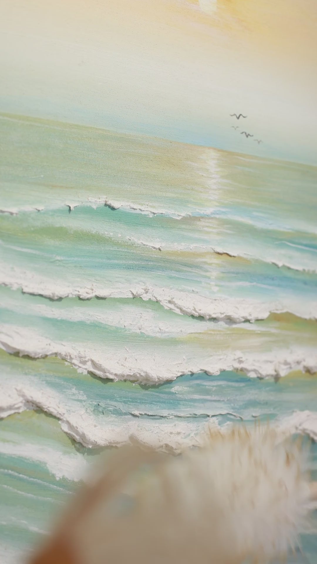 Close views of white wave texture and the finished Morning Tide sunrise painting on a wall