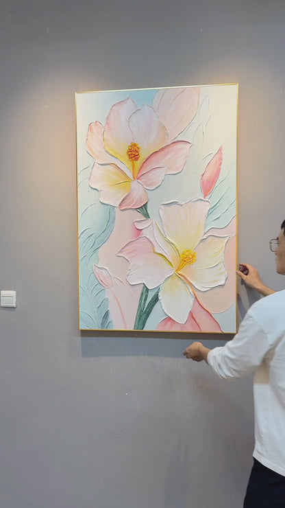 Full view of the floral painting, followed by a hand touching the raised petals, close-up details and the complete work