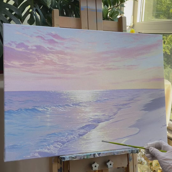 Painting pink clouds and blue waves, followed by the completed Shore of Light beach artwork
