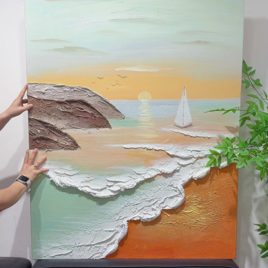 Studio views of a sunrise sailboat, textured rocks and white waves, ending with the complete framed artwork
