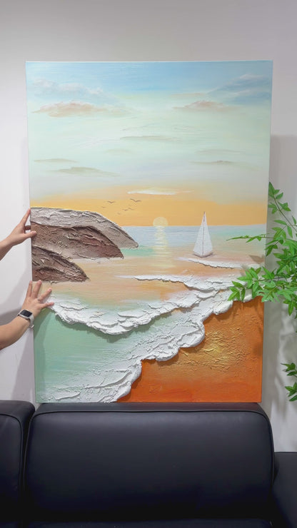Studio views of a sunrise sailboat, textured rocks and white waves, ending with the complete framed artwork