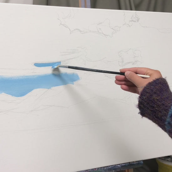Painting blue clouds, mountain ridges, golden light and a small boat, followed by the complete artwork