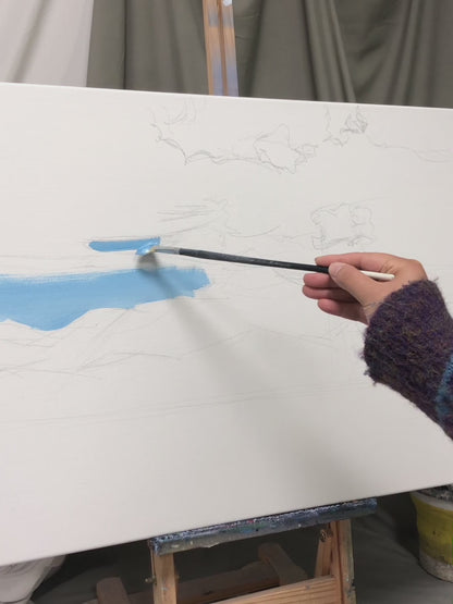 Painting blue clouds, mountain ridges, golden light and a small boat, followed by the complete artwork