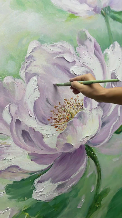 Studio video of lilac peonies: hand painting, a person gently touching the surface, close-up petal details and the complete floral artwork