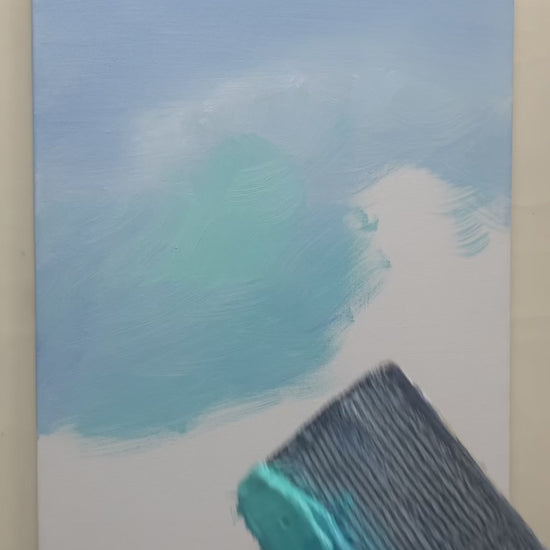 Painting process from blue wave formation and raised white foam to a small surfer and the finished artwork
