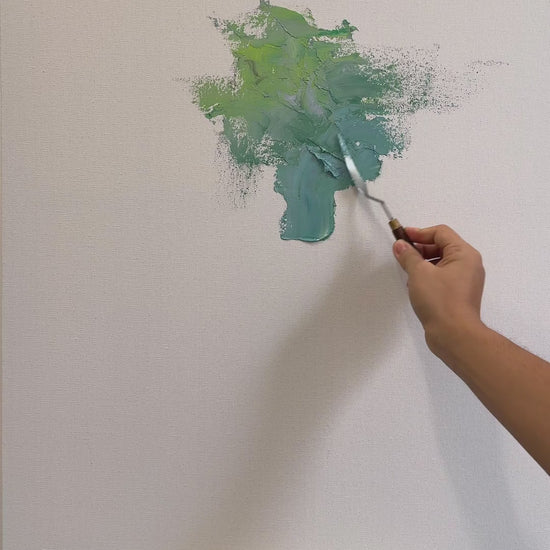 Palette-knife painting process showing green layers, white jasmine flowers and the finished framed composition