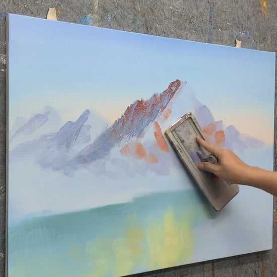 Mountain landscape painted with broad tools and a palette knife, followed by lake details and the finished artwork