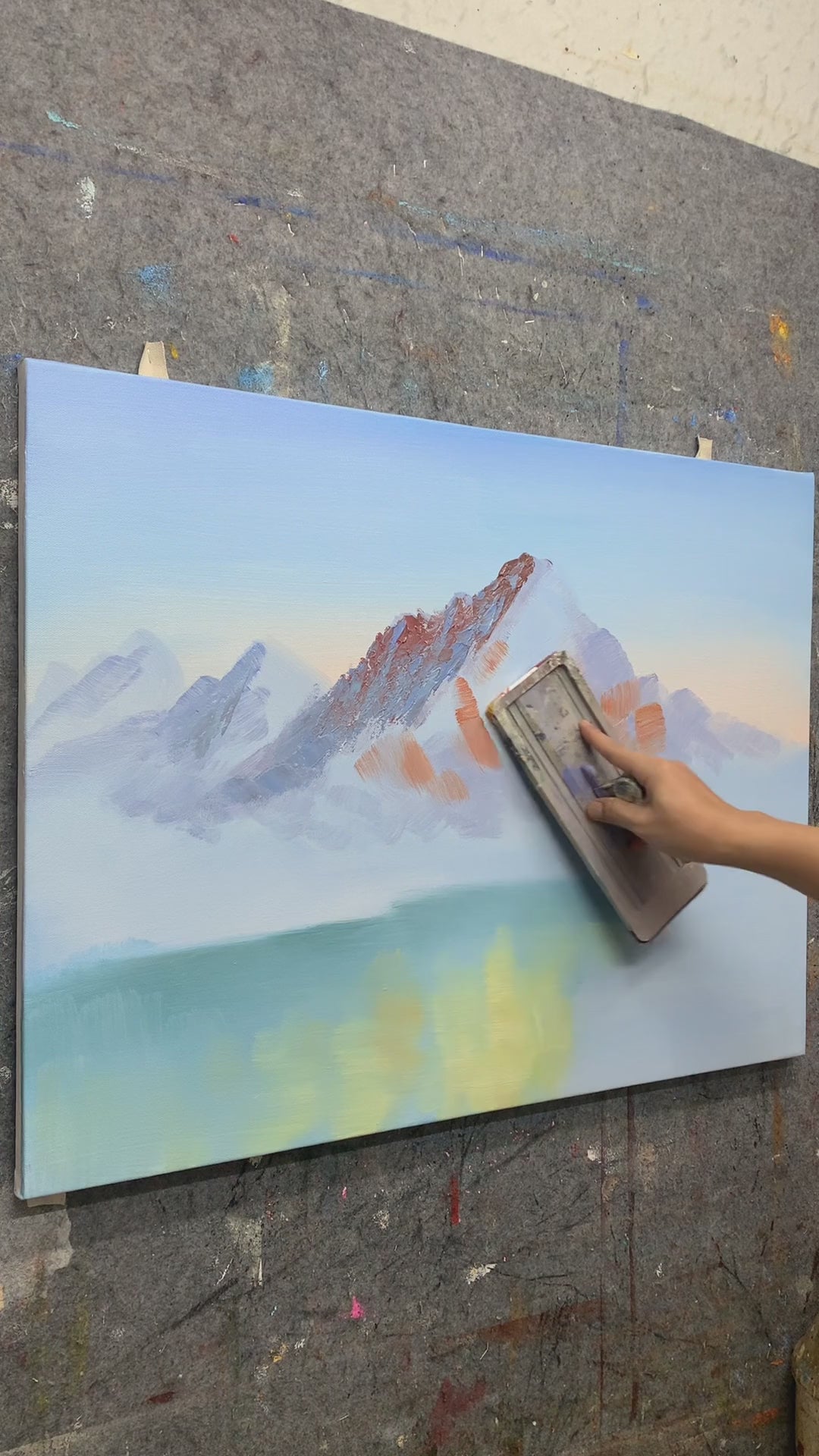 Mountain landscape painted with broad tools and a palette knife, followed by lake details and the finished artwork