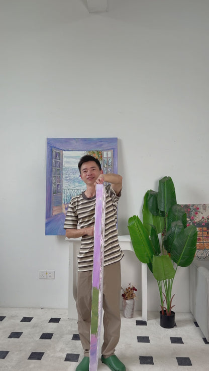 The lilac rose canvas turns to reveal the full floral composition, followed by a framed wall view