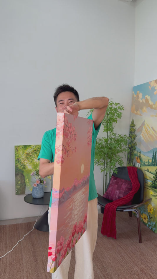Workshop video showing the hand-painted Peach Blossom Sunrise artwork turning from its side profile to a complete frontal view