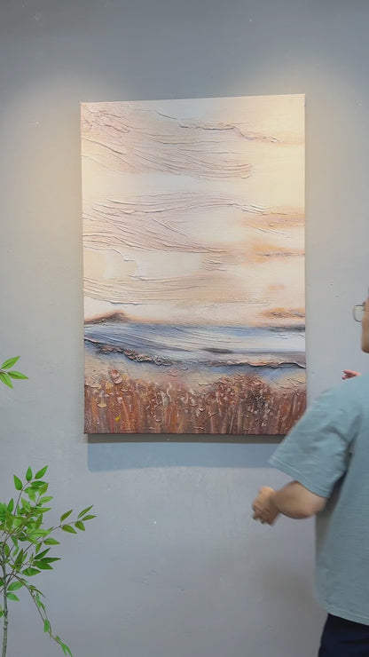 Complete abstract painting, hands holding its edges for an oblique view, close-up ridges and a final full view