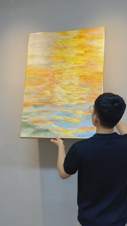 Saffron Layers being hung, followed by angled views of the layered paint and a final view of the complete artwork