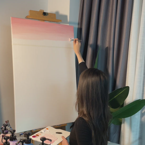 Painting a pink coastal landscape, from sky and shoreline to raised foam details and the finished framed artwork